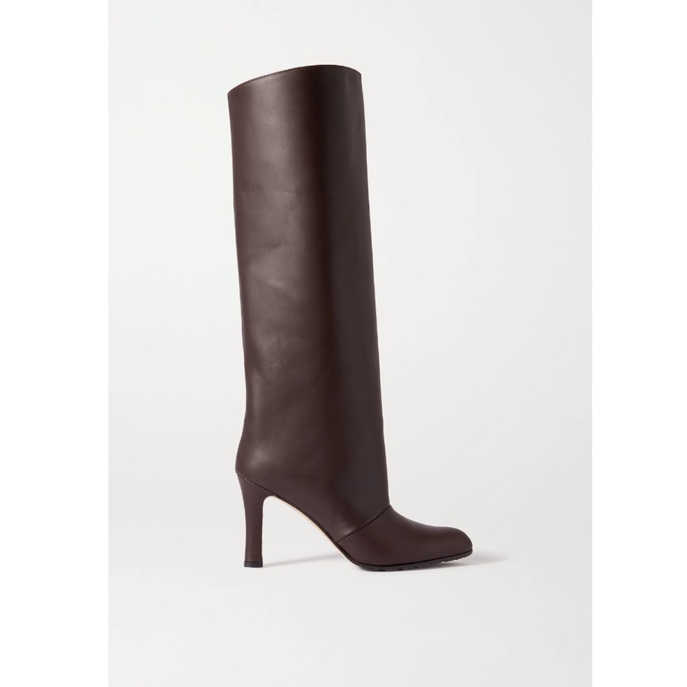 MANOLO BLAHNIK KHOMOBI 90 TALL GUM LEATHER BOOTS BROWN